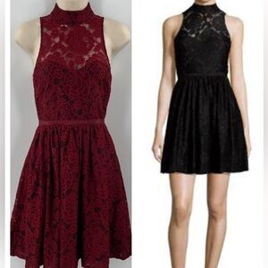 LIKELY Southport Fit & Flare Lace High Neck Sleeveless Dress Burgundy Black Sm